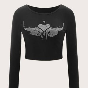 Heart and wing rhinestone crop tee